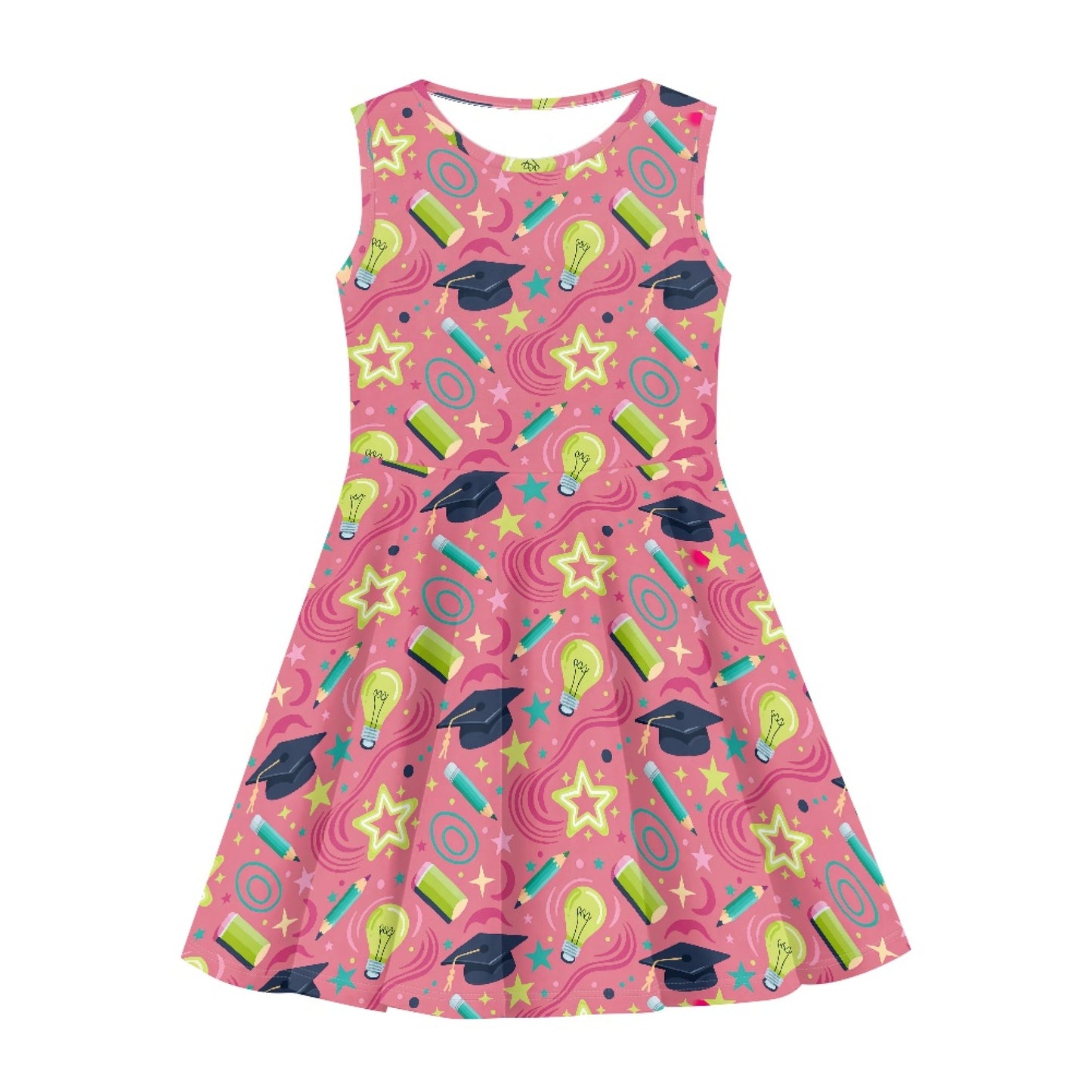 Girls Graduation School Dress | Cute Pink Sleeveless Twirl Dress for Kids
