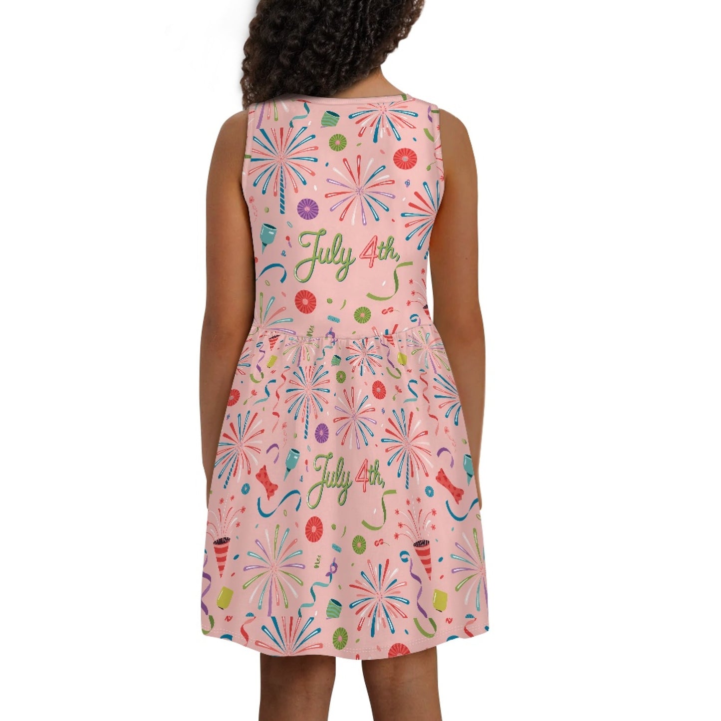 Girls July 4th Fireworks Dress – Cute Pink Independence Day Sleeveless Twirl Dress for Toddler & Little Girls
