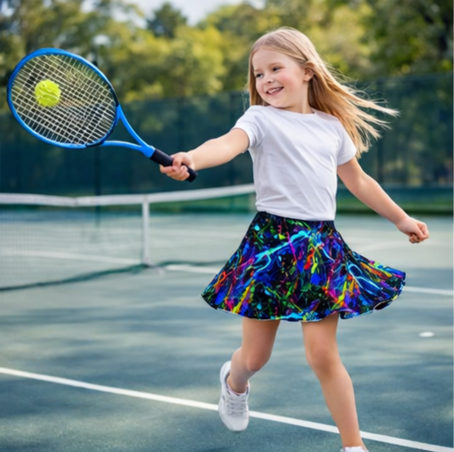 Girls Neon Paint Skort – Color Splash Athletic Skirt with Built-in Shorts & Pocket