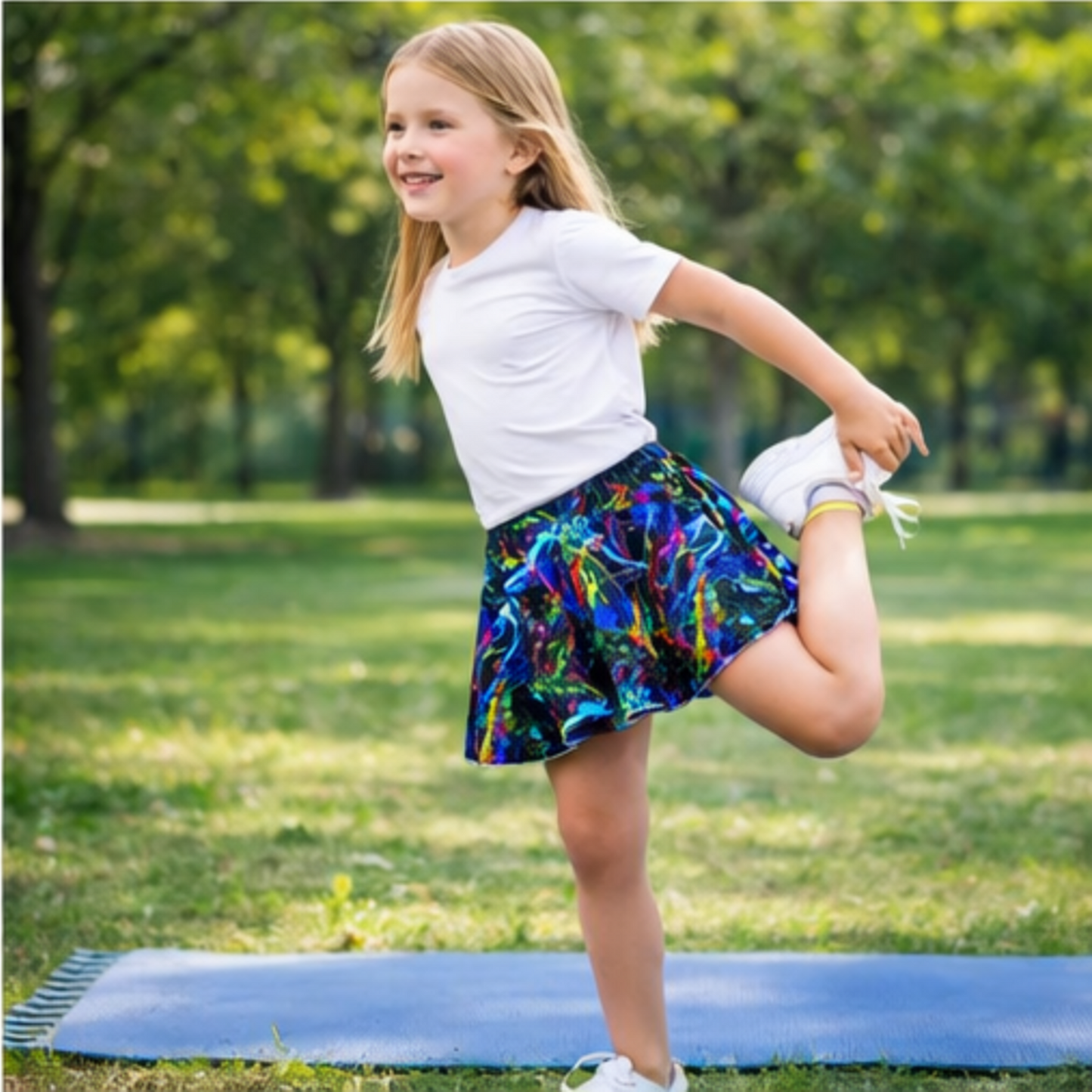 Girls Neon Paint Skort – Color Splash Athletic Skirt with Built-in Shorts & Pocket